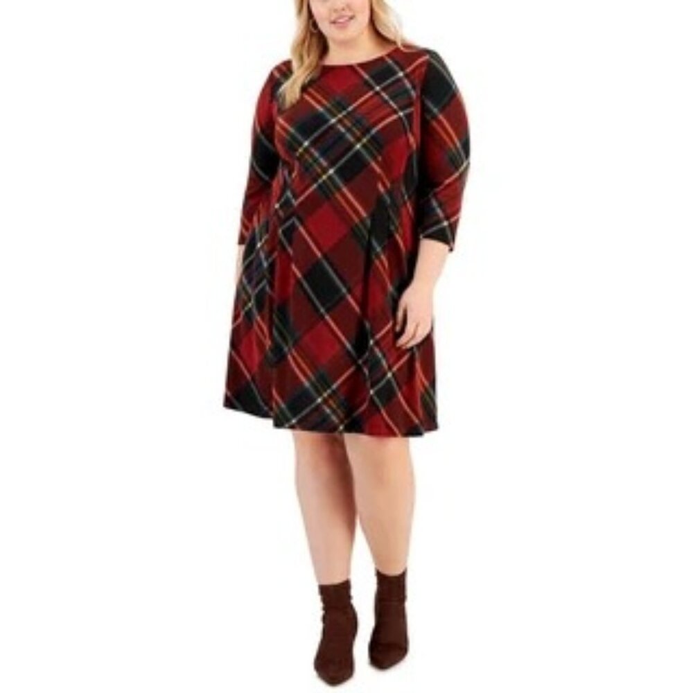 Connected Apparel Womens Plus Knit Plaid Shift Dress Size 20W